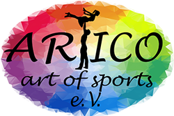 schriftzug "artico" und "art of sports" auf bunten hintergrund